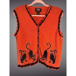 Vintage 90s Studio Treats Sequined Halloween Theme Vest Black Scaredy Cat Large